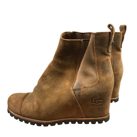 UGG Pax Waterproof Chipmunk Brown Leather Wedge Booties - Picture 2 of 15